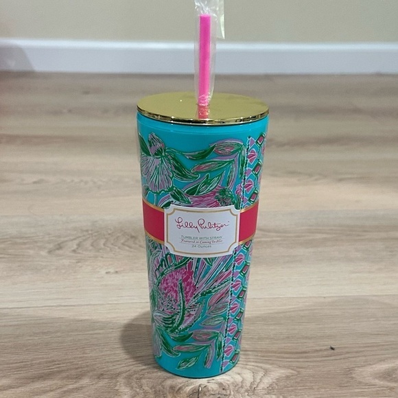 Lilly Pulitzer floral tumbler with straw and gold lid - Picture 1 of 5